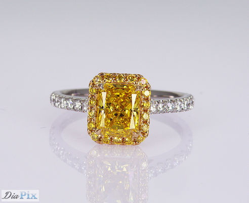 1.1ct Radiant Shape Fancy Vivid Yellow Lab Dibuat Berlian Cincin 18K Gold Set