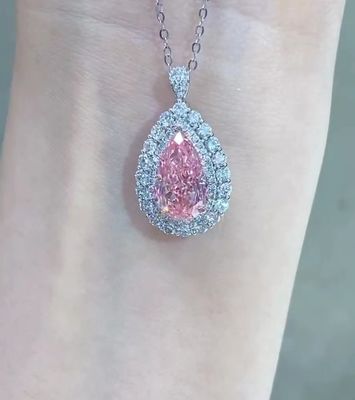 Synthetic Lab Created Pear Diamond Pendant Necklace 3.46ct VS1 Warna Pink