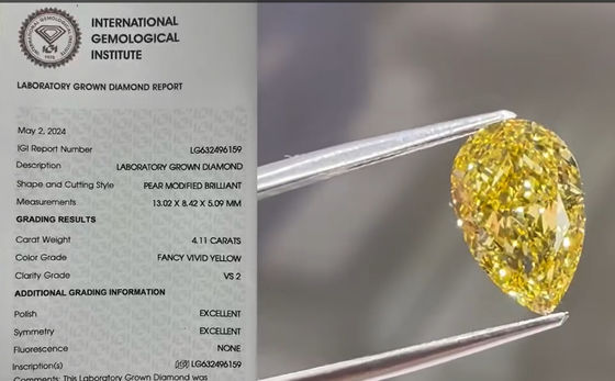 4CT CVD Lab Kuning Berlian Tumbuh Bentuk Pear Fancy Kuning Kuning Berlian Cincin Kalung
